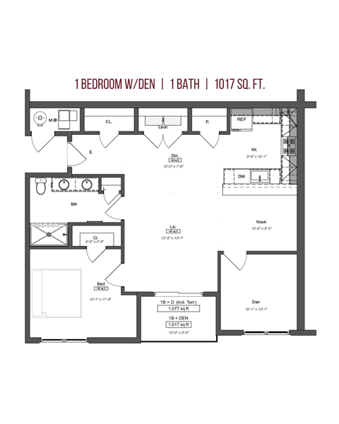Floor plan for 1 bed, 1 bath, 1017 sqft
